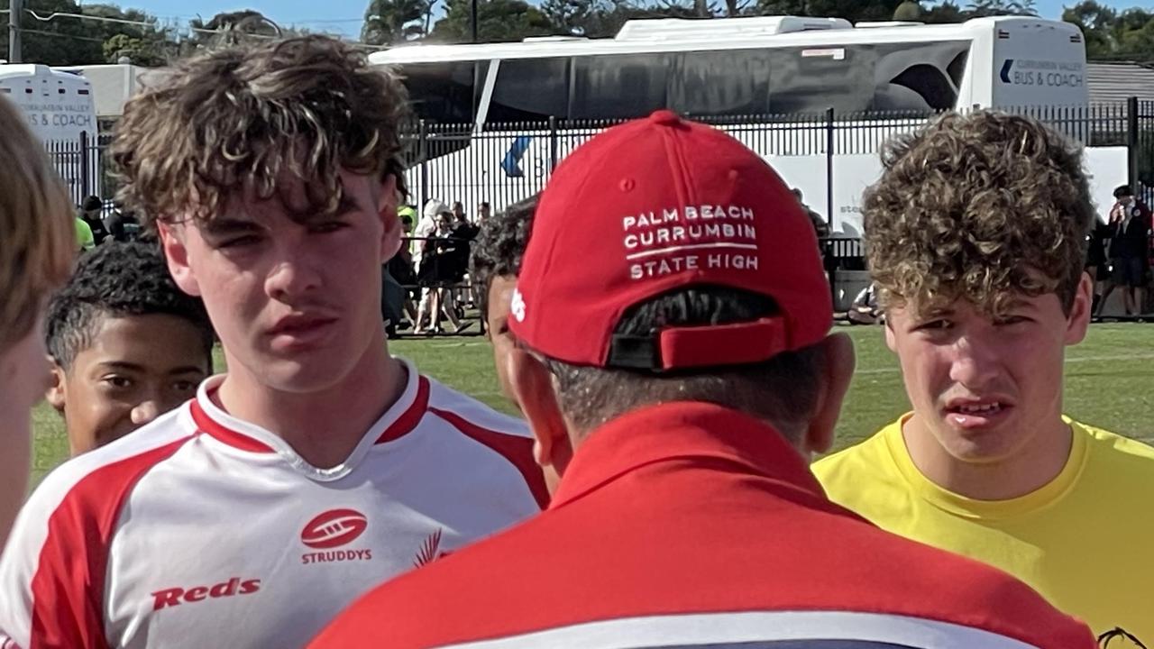 PBC SHS's prop Billy Mulheran, left, listening to coach Geoff Eggert.