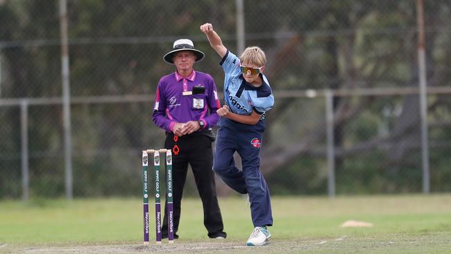 Isaac Moran bowling. Charlestown v Newcastle City, SG Moore Cup round one at Kahibah Oval. Picture: Sue Graham