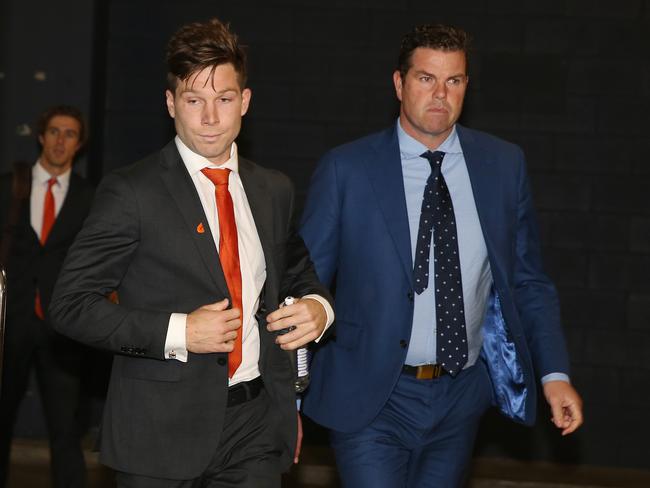 Toby Greene arrives at the AFL Tribunal to appeal with manager Paul Connors.