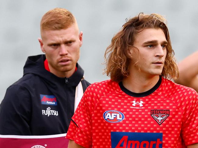 MELBOURNE, AUSTRALIA - APRIL 01: Harrison Jones of the Bombers warms up during the 2023 AFL Round 03 match between the St Kilda Saints and the Essendon Bombers at the Melbourne Cricket Ground on April 1, 2023 in Melbourne, Australia. (Photo by Michael Willson/AFL Photos via Getty Images)