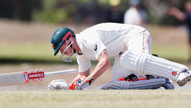 David Warner retired hurt after being struck on the back of the helmet by a Josh Hazlewood bouncer.