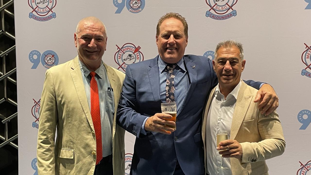 Luke Haseler, Mark Walker, and Mark Donato at the Metropolitan Caloundra Surf Life Saving Club 90th Anniversary Gala Ball.