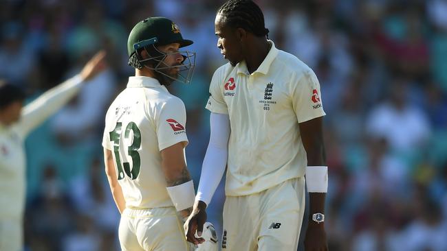 Jofra Archer eyeballs Matthew Wade during a fiery spell on day four. Picture: Getty Images