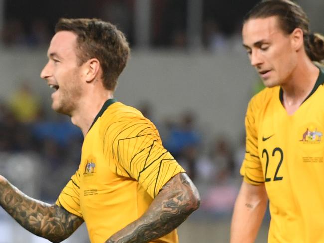 KAOHSIUNG, TAIWAN - OCTOBER 15: Adam Taggart (10) of Australia scores during the FIFA World Cup Qatar 2022 and AFC Asian Cup China 2023 Preliminary Joint Qualification Round 2 match between Chinese Taipei and the Australia Socceroos at Kaohsiung National Stadium on October 15, 2019 in Kaohsiung, Taiwan. (Photo by Gene Wang/Getty Images)