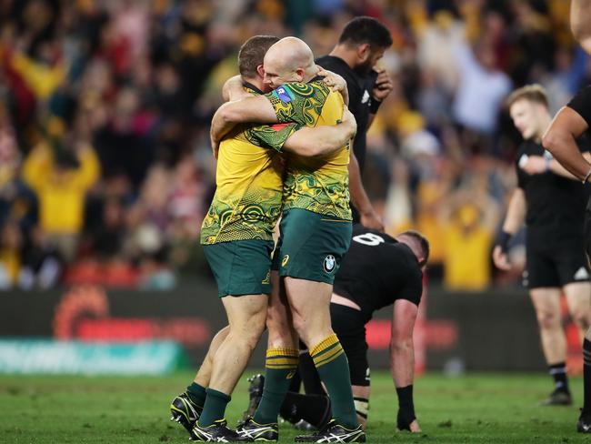 BRISBANE, AUSTRALIA - OCTOBER 21:  Stephen Moore of the Wallabies celebrates victory at the end of the Bledisloe Cup match between the Australian Wallabies and the New Zealand All Blacks at Suncorp Stadium on October 21, 2017 in Brisbane, Australia.  (Photo by Matt King/Getty Images)