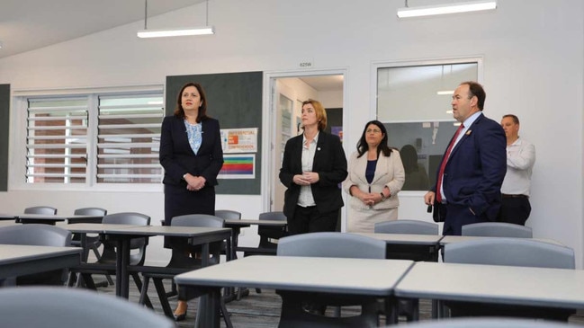 Premier Annastacia Palaszczuk with principal Matt O’Hanlon and MP Melissa McMahon inspect the new Beenleigh State High building.