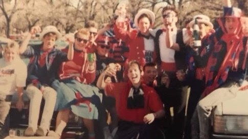 Hayden Burnbank with the cheer squad at the 1988 grand final.