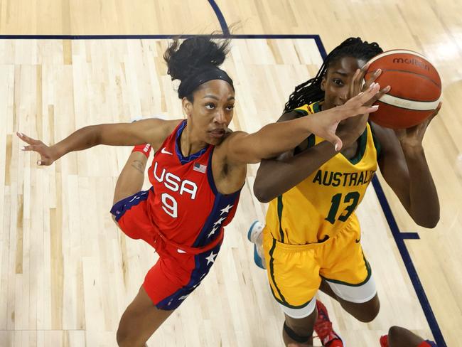 Ezi Magbegor #13 of the Australia Opals shoots against A'ja Wilson #9 of the United States. Picture: Ethan Miller/Getty Images/AFP