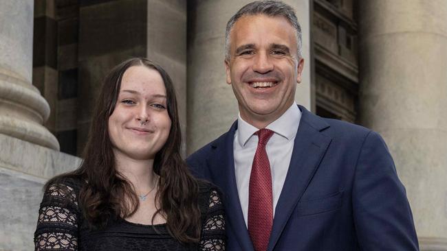 June 5, 2024: Chloe Wyatt-Jasper with Premier Peter Malinauskas on the steps of parliament, The government is announcing a range of youth mental health supports in the state budget. Picture: Kelly Barnes