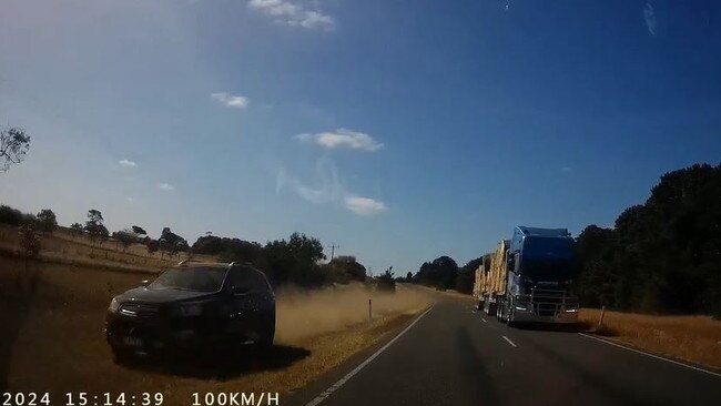 Moments later the car completely veered off the road, ahead of an oncoming vehicle. Picture: Supplied/Victoria Police