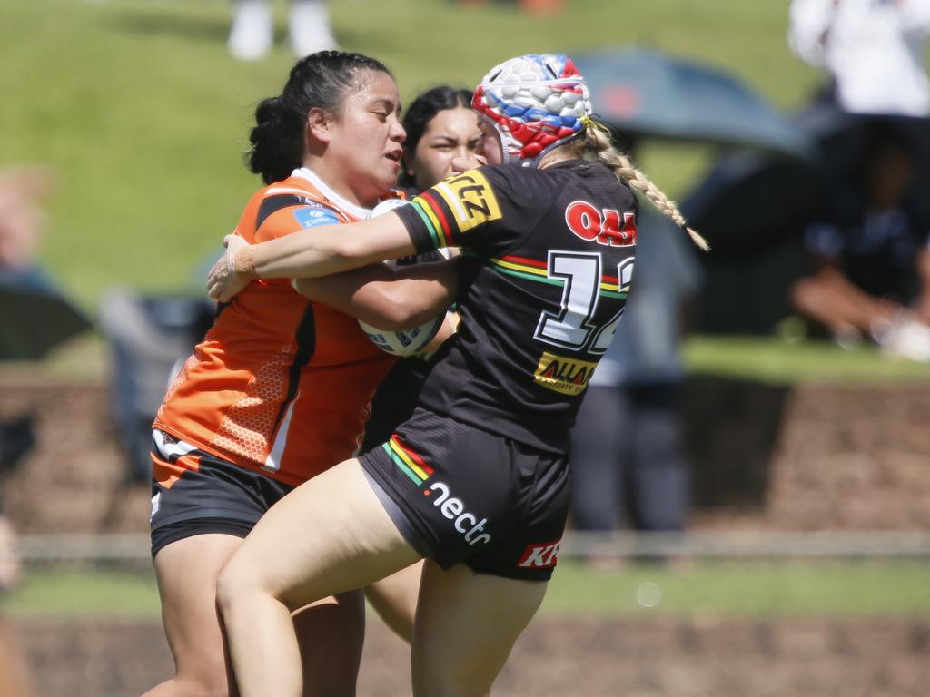 Wests Tigers prop MayFuimaono clashes with Georgie Zahra. Picture: Warren Gannon Photography