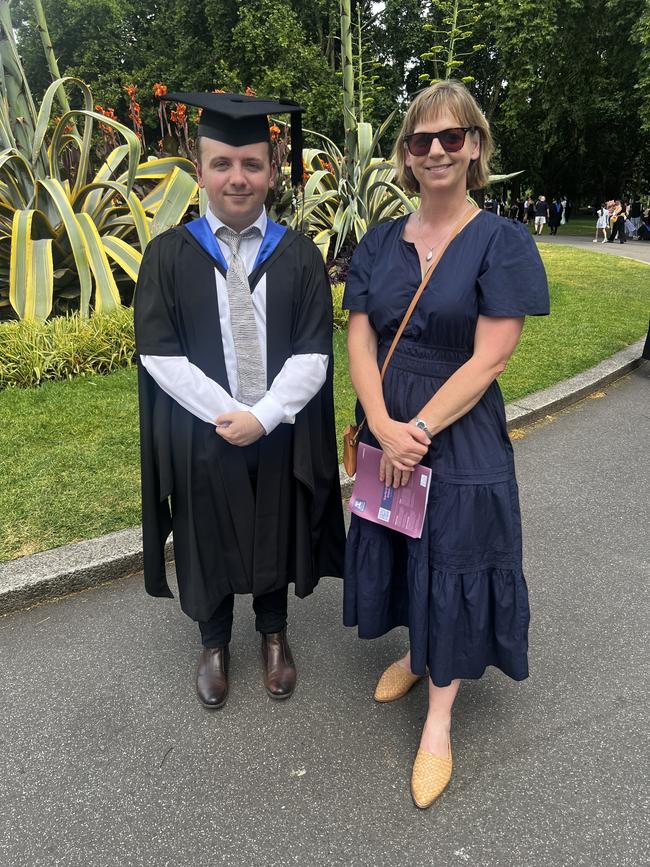 Jamie Papps (Master of Public Policy and Management) and Tracy Tulloch at the University of Melbourne graduations held at the Royal Exhibition Building on Monday, December 16, 2024. Picture: Jack Colantuono