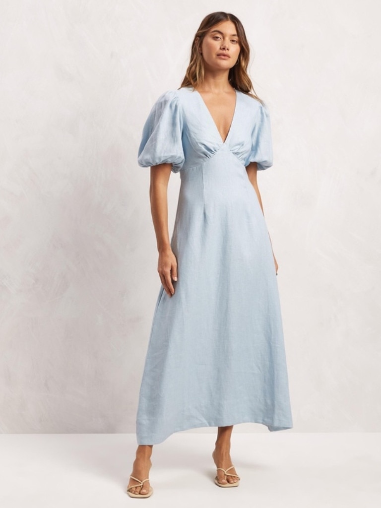 AERE Linen Gathered V Neck Puff Sleeve Midi Dress. Picture: THE ICONIC.