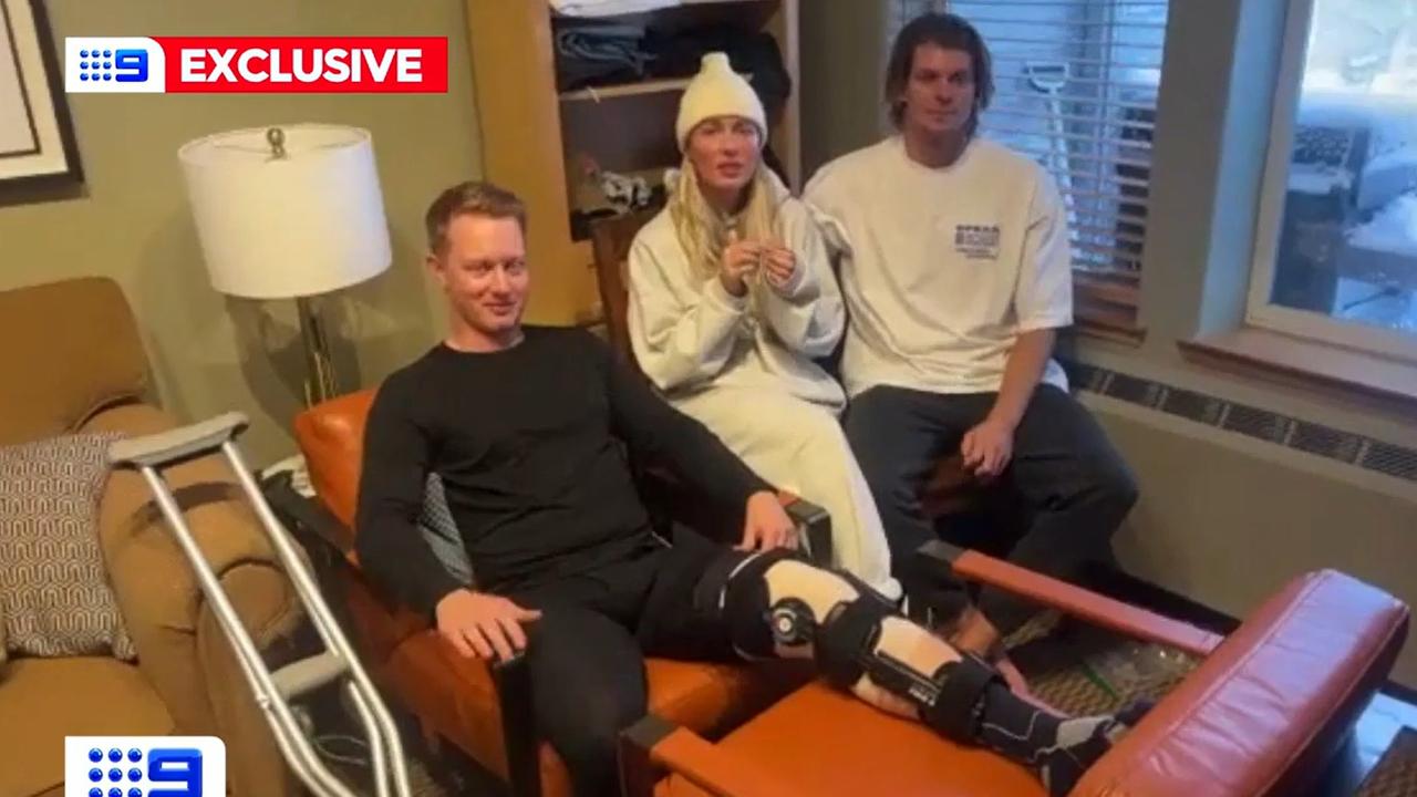 (Left) Oliver Thompson, with his sister Hannah Sugerman and her partner Callum, were caught in an avalanche at Palisades Tahoe, a Californian ski resort. Picture: Nine News