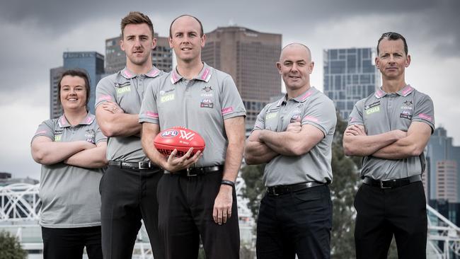 Collingwood’s AFLW coaching panel: (from left) Chloe McMillan, Lynden Dunn, Wayne Siekman, Daniel Harford and Matthew Jones. Picture: Jake Nowakowski