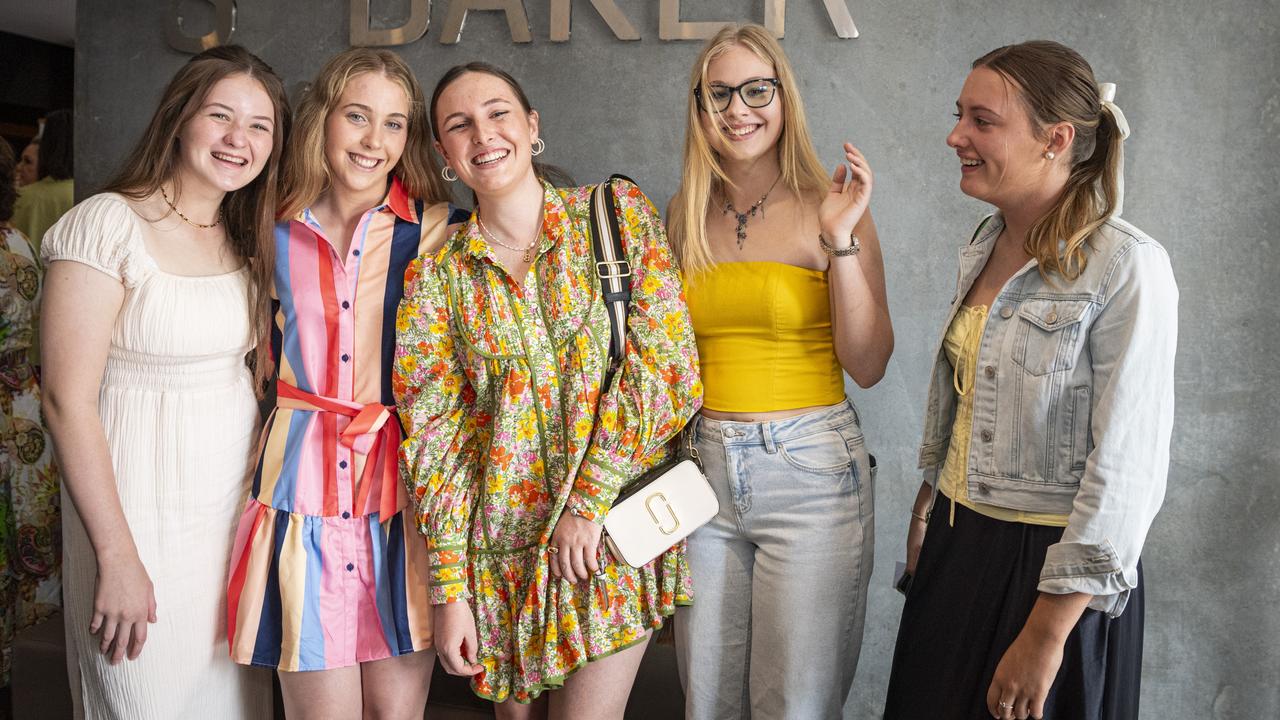 Fairholme College fashion students (from left) Kristen Hurlock, Clare Hogan, Bella Donaldson, Katie Campbell and Caroline Armstrong had their designs featured on the Emerging Designers runway of Toowoomba Fashion Festival at The Armitage Centre, Saturday, March 16, 2024. Picture: Kevin Farmer