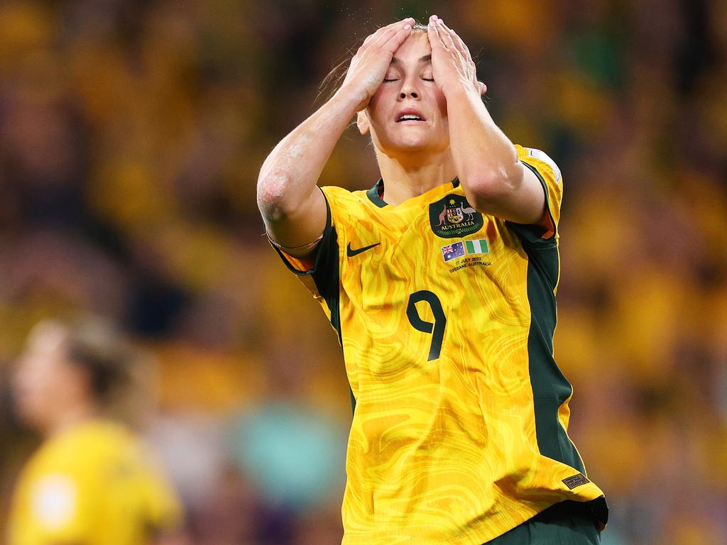 A ‘frustrated’ Caitlin Foord reacts to missing a chance against Nigeria. Picture: Elsa - FIFA/FIFA via Getty Images