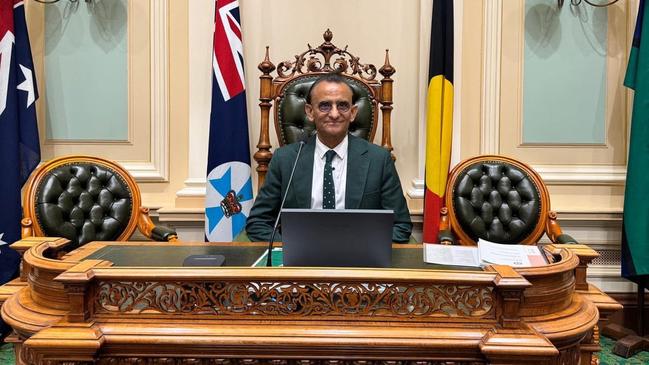 Mr Khan in the Speaker’s chair in the Queensland parliament after a ‘cash for access’ meeting with the opposition treasury spokesman in October.