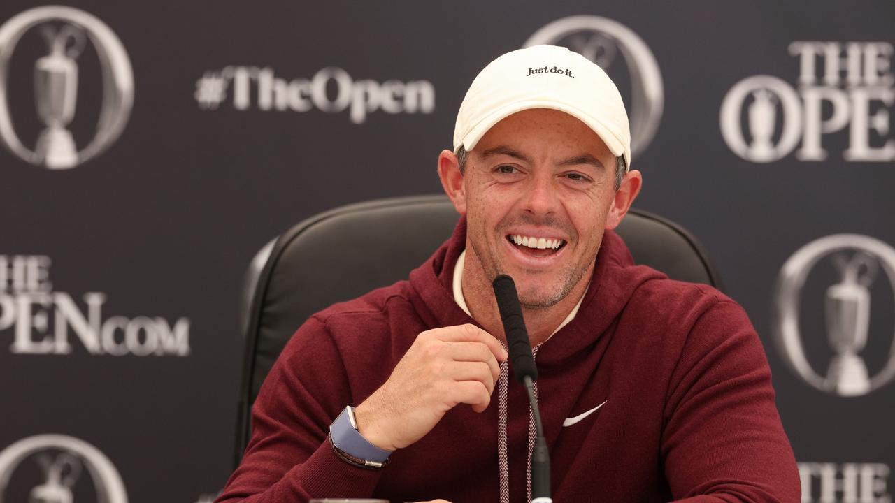 TROON, SCOTLAND - JULY 16: Rory McIlroy of Northern Ireland speaks to the media during a press conference ahead of the 152nd Open Championship at Royal Troon on July 16, 2024 in Troon, Scotland. (Photo by Harry How/Getty Images)