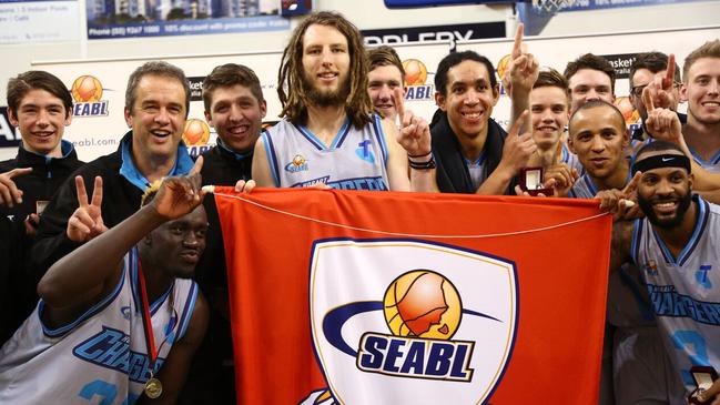 The Hobart Chargers celebrate winning the 2018 SEABL title. Picture: SEABL