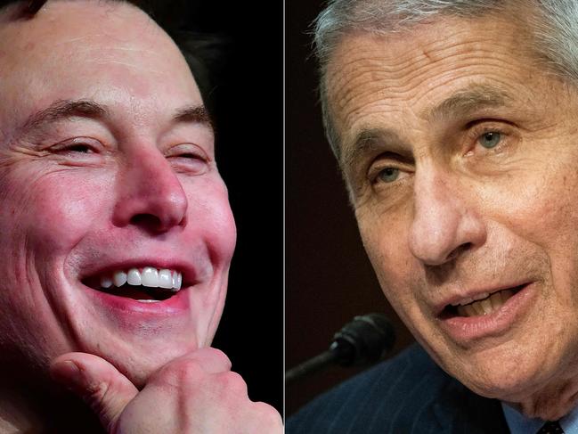 This combination of file pictures created on December 11, 2022, shows Tesla CEO Elon Musk (L) during the unveiling of the new Tesla Model Y in Hawthorne, California on March 14, 2019; and Director of the National Institute of Allergy and Infectious Diseases Dr. Anthony Fauci during a Senate Health, Education, Labor and Pensions Committee hearing in Washington, DC, on June 30, 2020. (Photo by Frederic J. BROWN and Al Drago / various sources / AFP)