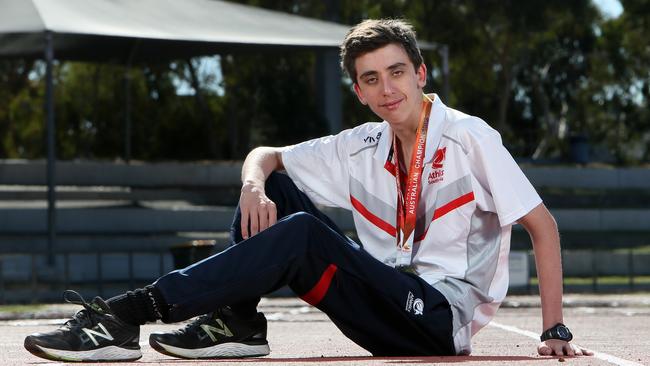 Jack Netting, who has cerebral palsy, won gold in the para division under-20 100m, under-20 200m and under-20 long jump at the Australian Athletics Championships last month. Picture: AAP/Emma Brasier