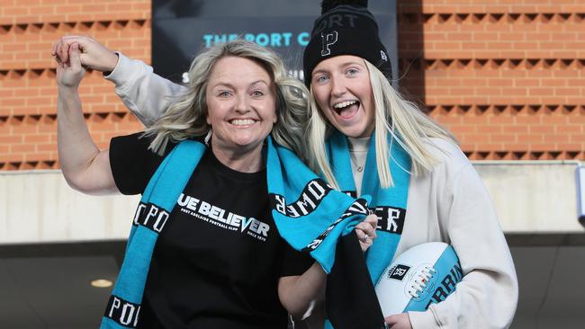 Lifelong Port fans Briony Smith and daughter Ayrlie nabbed themselves tickets to Port Adelaide’s preliminary final against the Western Bulldogs at Adelaide Oval on Saturday night. Picture: Emma Brasier