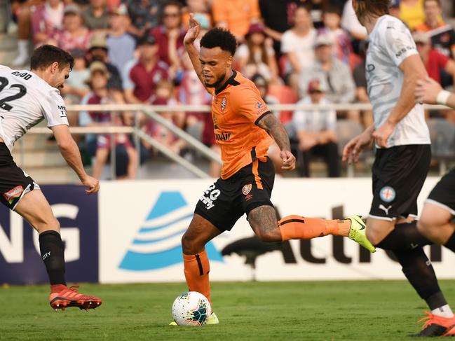 Aaron Amadi-Holloway of the Roar in action during the Round 6 A-League match between Brisbane Roar and Melbourne City at Dolphin Stadium. Picture: AAP Image/Dan Peled