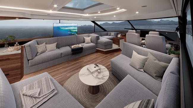 The interior lounge of the Maritimo S75 motor yacht.