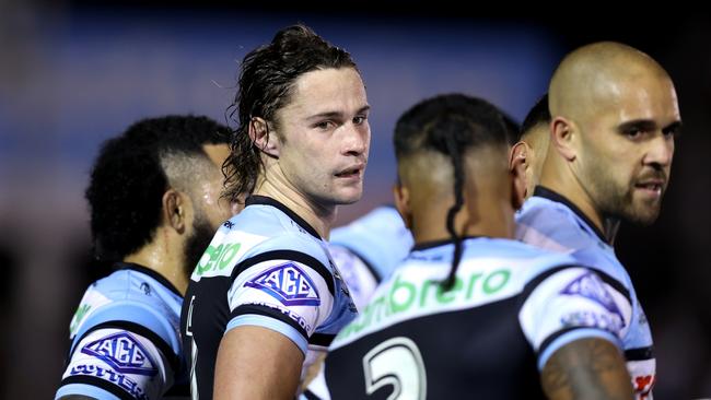 SYDNEY, AUSTRALIA - JUNE 13: Nicholas Hynes of the Sharks looks on during the round 15 NRL match between Cronulla Sharks and Dolphins at PointsBet Stadium, on June 13, 2024, in Sydney, Australia. (Photo by Jason McCawley/Getty Images)