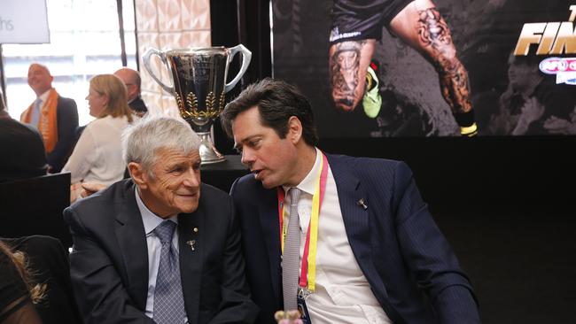 Kerry Stokes and AFL CEO Gillion McLachlan at the 2019 AFL Grand Final function in the Olympic Room at the MCG. Picture: Getty