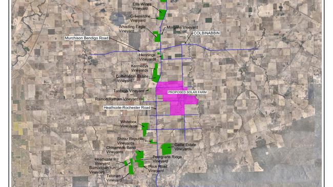 Aerial view of Central Victoria's Heathcote wine region, showing vineyards surrounding the proposed location of the 800Ha Cooba Solar farm.