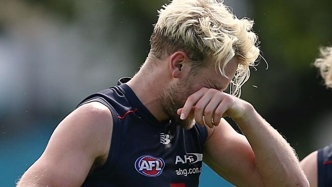 Jack Watts cops a knock to the face at training. Picture: Wayne Ludbey