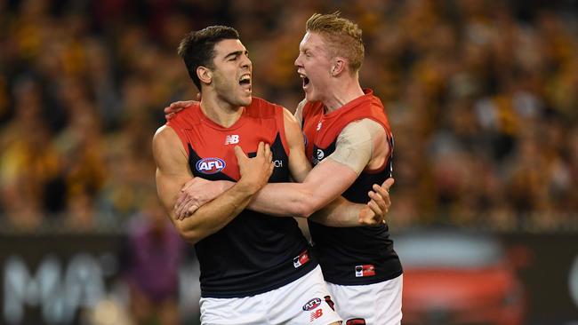 Christian Petracca and Clayton Oliver celebrate a goal for the Demons. Picture: AAP Images