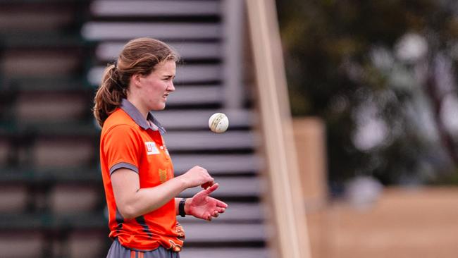 Meg Radford of Greater Northern Raiders, bowling in the CTPL Women's 1st Grade T20 Grand Final between North Hobart and Greater Northern Raiders. Picture: Anthony Corke