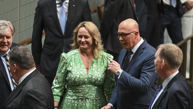 Kirilly Dutton congratulates Peter Dutton after he delivered his Budget reply in the House of Representatives at Parliament House in Canberra. Picture: NCA NewsWire / Martin Ollman