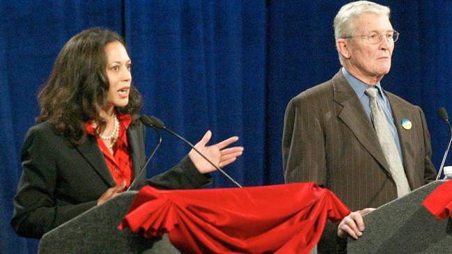 Kamala Harris in a debate with incumbent San Francisco District Attorney Terence Hallinan in 2003. Picture: Michael Macor/The San Francisco Chronicle/Getty Images