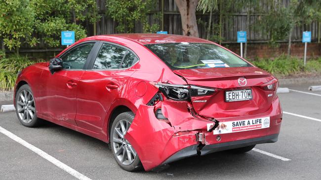 Natalie Kaglatzis’ car was badly damaged when it hit a boundary fence. Picture: Tim Hunter