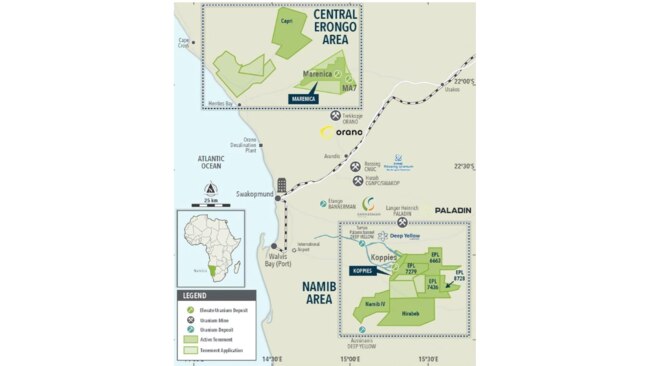 The Marenica and Koppies projects in Namibia. Picture: Elevate Uranium