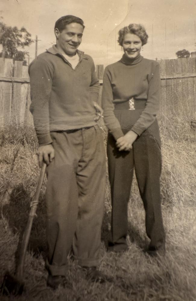 Peter Bevilacqua leaning on a spade and his wife Christine, during their years in Melbourne. For Talking Point piece/Obit written by his son Simon Bevilacqua.