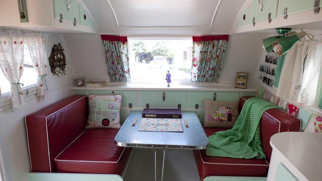 The retro interior of Alison Mulqueen and partner Marcus’s van, Florence.