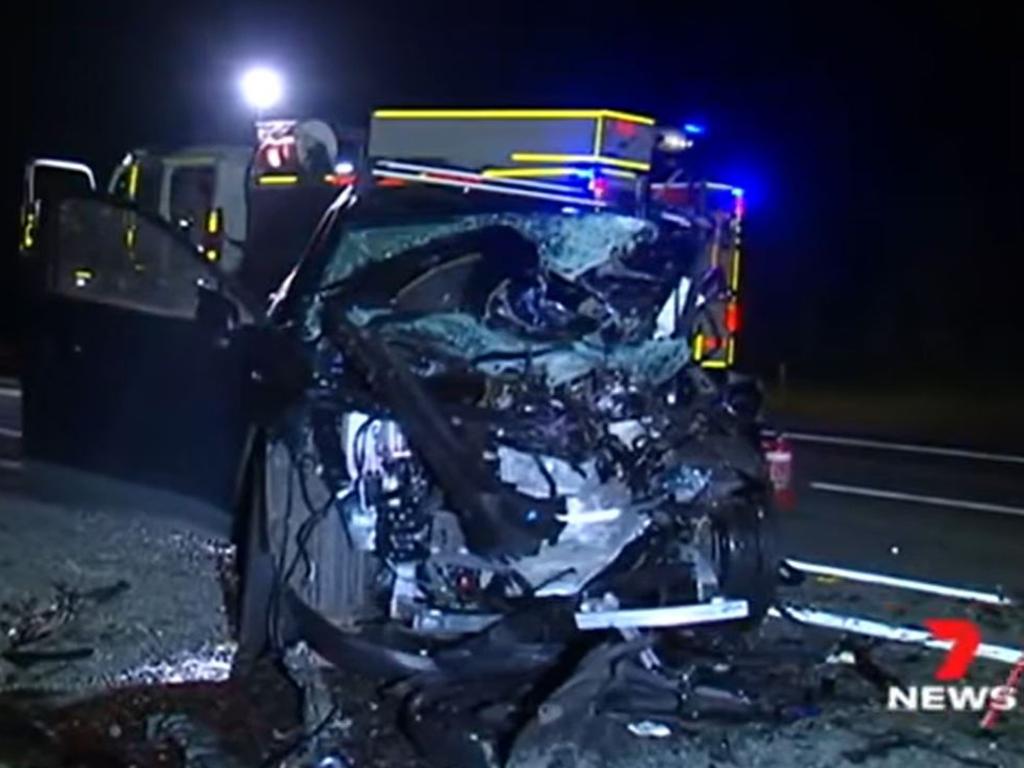 The wreckage left after a head-on crash on the Bruce Highway at Gregory River on May 1, 2022. Picture: Channel 7 Mackay