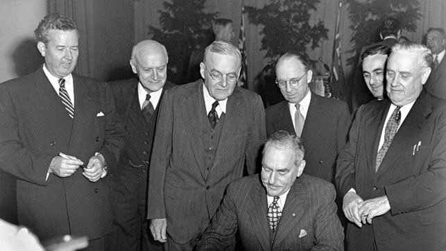 The signing of the ANZUS security treaty between Australia, New Zealand and the United States in San Francisco, September 1, 1951.