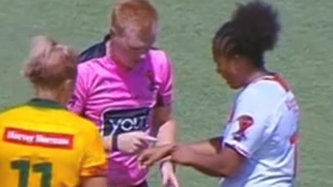 England prop Chantelle Crowl accused Isabelle Kelly of biting. Picture: Channel 7.