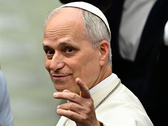 Pope Leo XIV gestures during an audience to representatives of the media on Monday. Picture: Tiziana Fabi / AFP