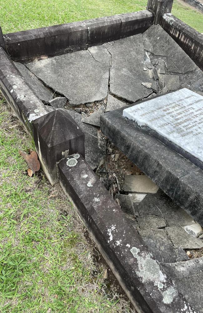 One of the many dilapidated headstones at Toowong Cemetery. Locals are calling for Brisbane City Council to take action as many headstones lie in ruin. Source: Facebook.,
