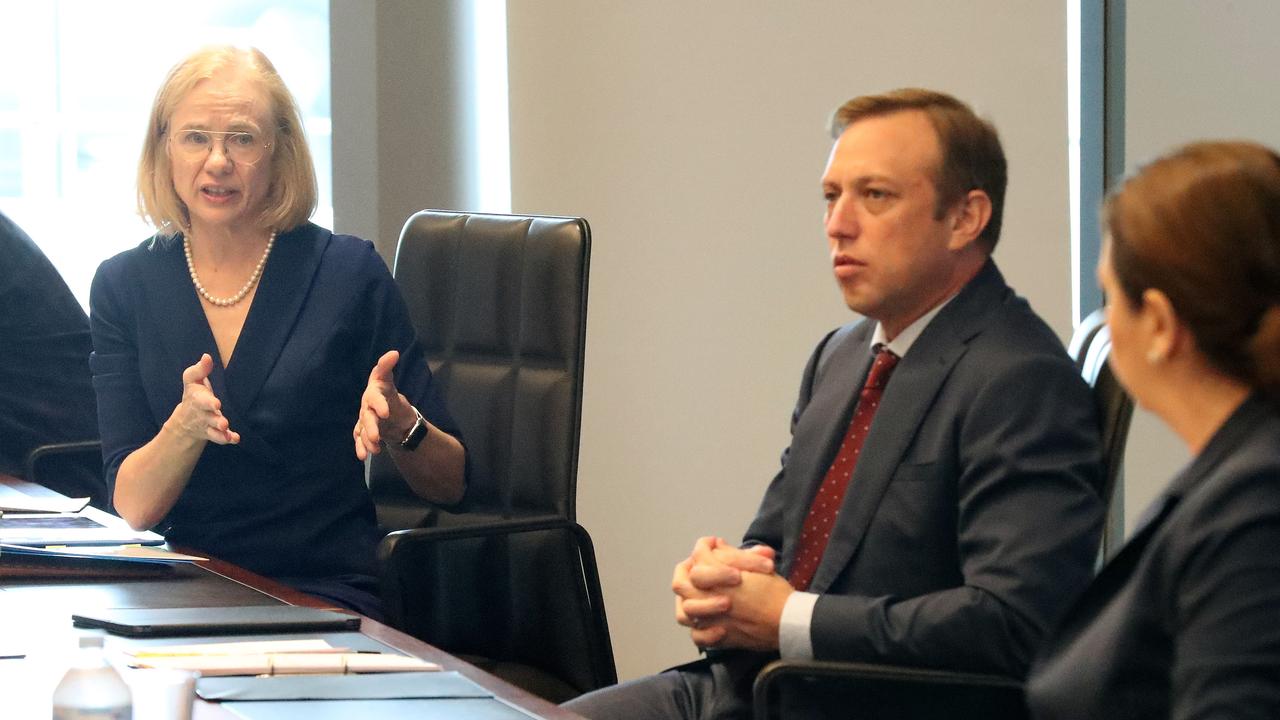 Queensland’s Chief Health Officer Dr Jeannette Young next to former Health Minister Steven Miles and Premier Annastacia Palaszczuk during a pandemic meeting in April. Photo: Liam Kidston.