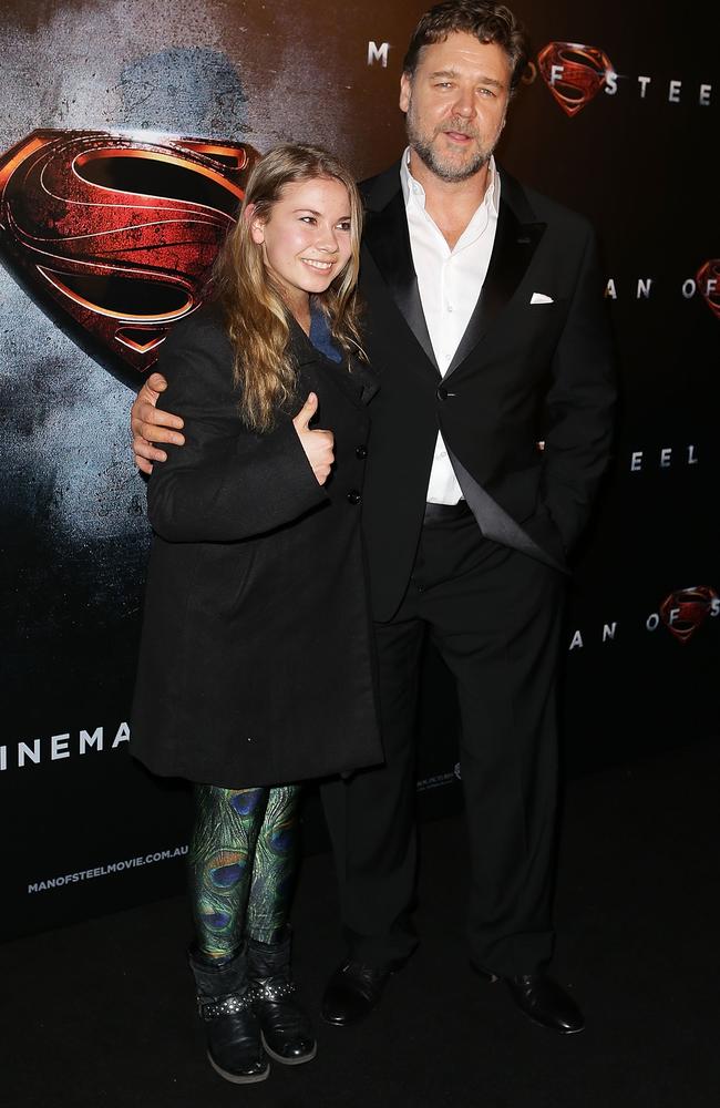 Bindi Irwin and Russell Crowe arrive at the "Man Of Steel" Australian premiere on June 24, 2013 in Sydney, Australia. Picture: Brendon Thorne/Getty Images