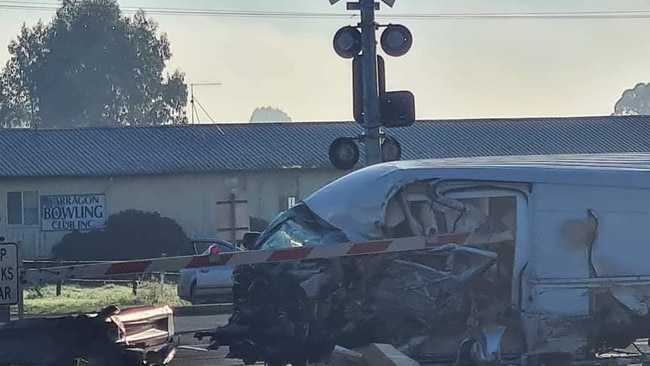 The twisted wreckage of a van that collided with a train in Yarragon. The driver was rushed to Dandenong Hospital.