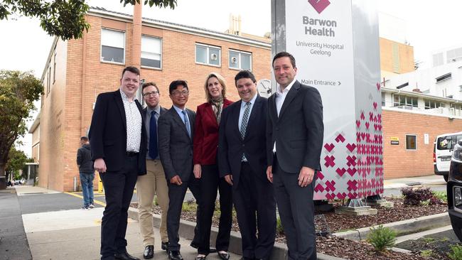 Matthew Guy, right, with L to R: Liberal candidate for Geelong James Bennett-Hullin, Liberal for western Victoria Joe McCracken, Liberal for Bellarine Donnie Grigau, Shadow health minister Georgie Crozier and Liberal for South Barwon Andrew Katos.